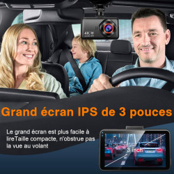 Dashcam Voiture Avant Arriere: 4K+2K 5G WiFi Camera Voiture Embarquée - Écran HD 3" avec App Contrôle Carte SD 64G Vision Noctur