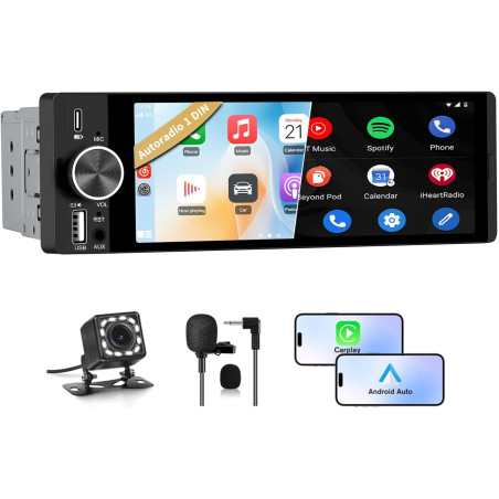 Junsun autoradio 1 din écran tactile 6,36" avec carplay & android auto, bleutooth, gps, fm, charge type-c, 2 usb, microphone, ég