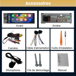 Junsun autoradio 1 din écran tactile 6,36" avec carplay & android auto, bleutooth, gps, fm, charge type-c, 2 usb, microphone, ég