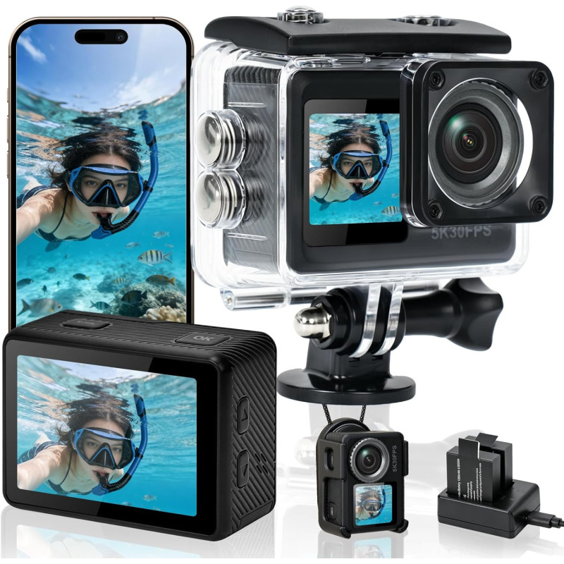 AIKER Camera Sport,Version Pro Camera Vlog Assistance 5k30FPS Photo 64MP/3.0EIS/Trè Longue Autonomie/Grand Angle 130°/Action Cam
