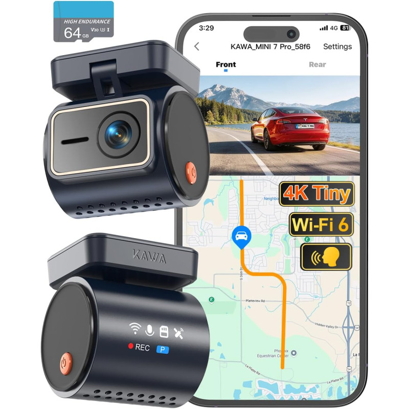 KAWA 4K Mini Dash Cam Front, Contrôle Vocal, Affichage Stealth, Caméra de Voiture NightEagle Engine 2K HDR, Wi-FI 6 et GPS intég