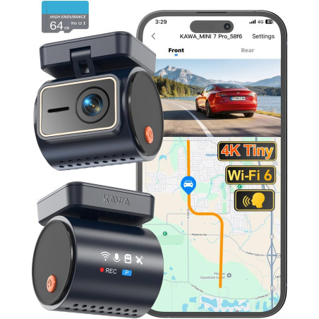 KAWA 4K Mini Dash Cam Front, Contrôle Vocal, Affichage Stealth, Caméra de Voiture NightEagle Engine 2K HDR, Wi-FI 6 et GPS intég