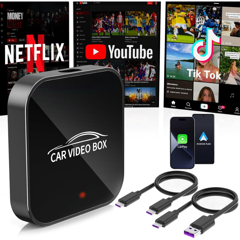 Magic Video Box 3 en 1 - Adaptateur de Voiture sans Fil CarPlay & Android avec Youtube, TikTok, Support de Carte TF, Mise à Nive