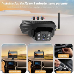 Caméra de Recul sans Fil Solaire avec Batterie 10000mAh, Caméra de Recul sans Fil 7", Étanchéité IP69, Vision Nocturne Infraroug