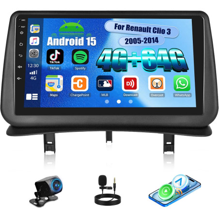 Sixwin 4 go + 64 go android 15 autoradio pour renault clio 3 2005-2014 avec carplay android auto mirror link – écran tactile 9 p