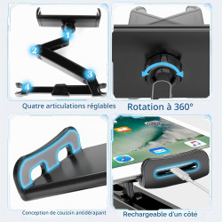 Support Tablette Voiture Appuie Tete, Porte Tablette Extensible Arrière (Siège), 360° Rotatif, Compatible avec 4.7-11" iPad Pro/