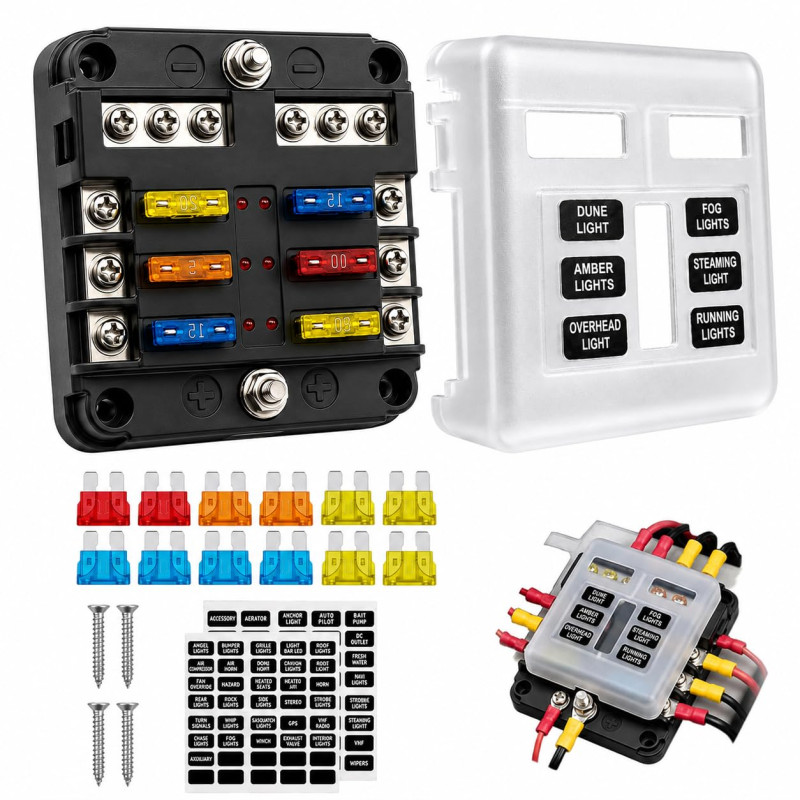 6 Voies Boîte à Fusibles 12V,Blocs Fusible Lame,Porte Fusible avec 6 Voyants LED Indicateur,12 Fusibles avec Bus Négatif pour 12
