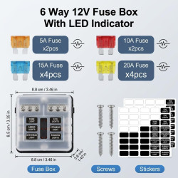 6 Voies Boîte à Fusibles 12V,Blocs Fusible Lame,Porte Fusible avec 6 Voyants LED Indicateur,12 Fusibles avec Bus Négatif pour 12