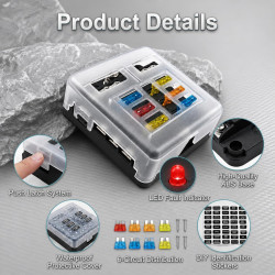 6 Voies Boîte à Fusibles 12V,Blocs Fusible Lame,Porte Fusible avec 6 Voyants LED Indicateur,12 Fusibles avec Bus Négatif pour 12