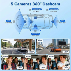 Caméra Embarquée pour Voiture 5 Camera 3,16" Vision Panoramique 360° Full HD 1080p Surveillance Stationnement Détection Mouvemen
