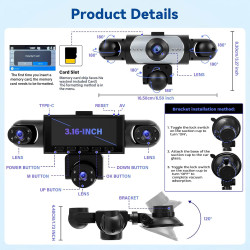 Caméra Embarquée pour Voiture 5 Camera 3,16" Vision Panoramique 360° Full HD 1080p Surveillance Stationnement Détection Mouvemen