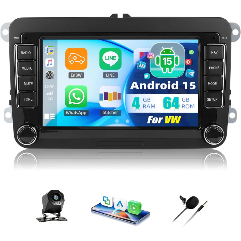 4+64 go android 15 carplay android auto autoradio pour vw golf 5 golf 6 passat jetta t5 eos polo touran seat sharan écran 7 pouc