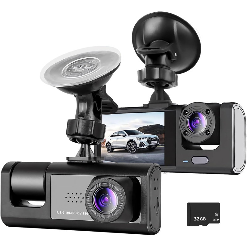 Dashcam Voiture Avant Arrière, HDR Vision Nocturne, capteur G+Carte 32Go | Surveillance Full HD sous plusieurs angles, enregistr