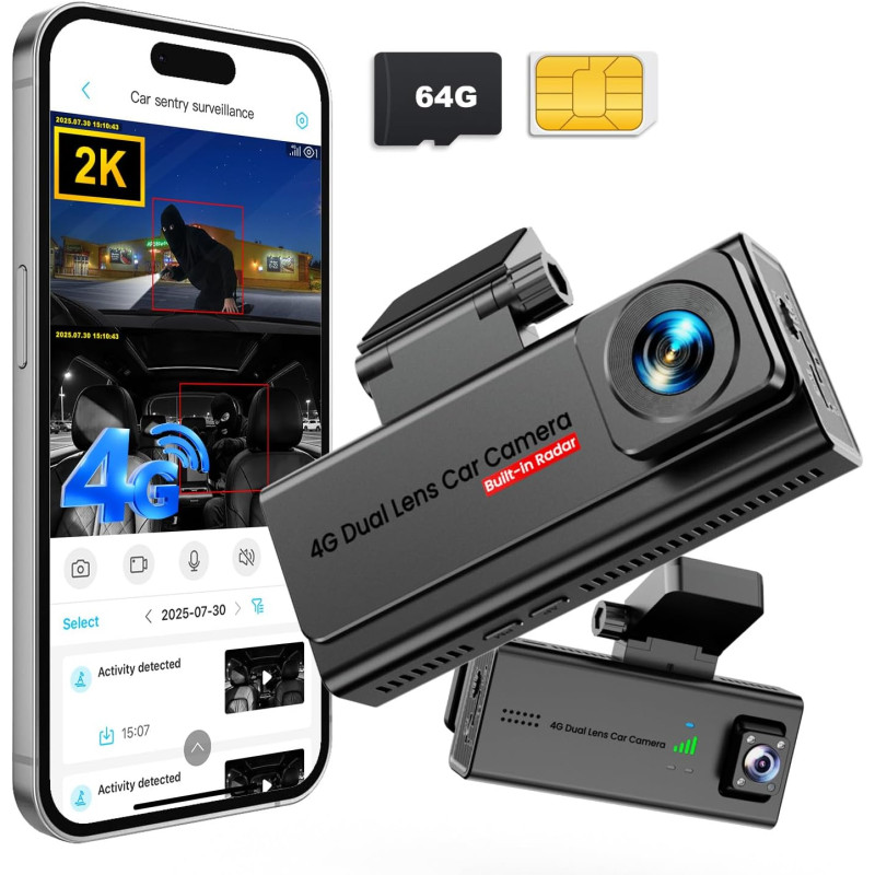 Dashcam Voiture 4G LTE avec Carte SIM, Camera Voiture Avant et Intérieur, Alertes & Détection Radar, Mode Stationnement 24h, GPS