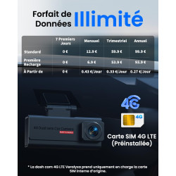 Dashcam Voiture 4G LTE avec Carte SIM, Camera Voiture Avant et Intérieur, Alertes & Détection Radar, Mode Stationnement 24h, GPS