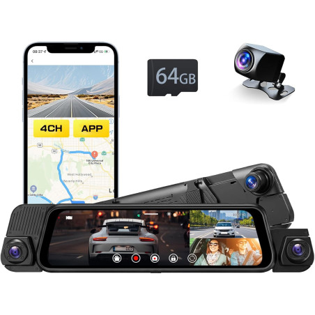 Inefala 4 Canaux Rétroviseur Dashcam Voiture avec 9.66'' Tactile,Dashcam Voiture Avant Arriere avec WiFi & App G-Capteur Carte 6