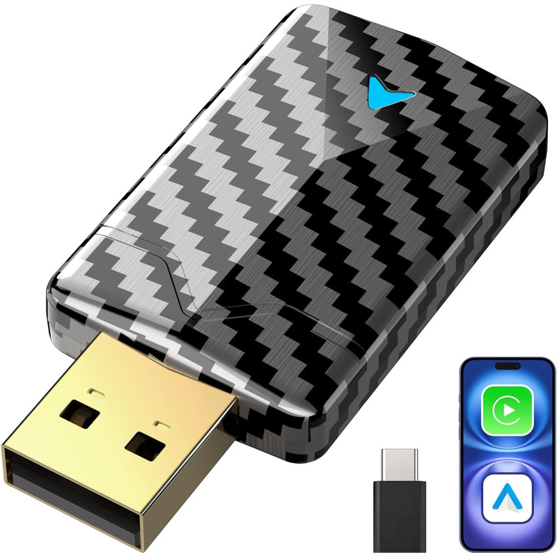 Mini Adaptateur CarPlay sans Fil & Android Auto sans Fil, Fibre de Carbone | Métal USB-A/C, Filaire vers Sans Fil, Version Stabl