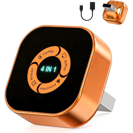 Adaptateur CarPlay sans Fil Ultra Mini: Wireless CarPlay 4 en 1 avec AirPlay/Miracast – Connexion Automatique Plug & Play, USB/T