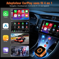 Adaptateur CarPlay sans Fil Ultra Mini: Wireless CarPlay 4 en 1 avec AirPlay/Miracast – Connexion Automatique Plug & Play, USB/T