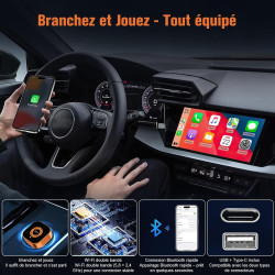 Adaptateur CarPlay sans Fil Ultra Mini: Wireless CarPlay 4 en 1 avec AirPlay/Miracast – Connexion Automatique Plug & Play, USB/T