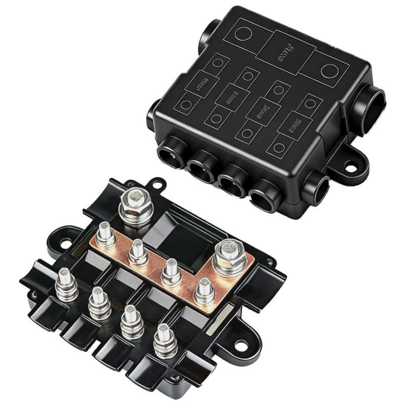 Porte-fusibles 12 V pour 1 fusibles MEGA et 4 fusibles MIDI avec barre de bus, bloc de fusibles en polyamide avec couvercle pour