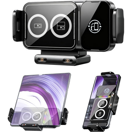 15W Support Téléphone Voiture Magsafe Induction Chargeur,Qi Rapide Chargeur Induction Voiture Double Bobine, Auto Clamping Suppo