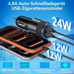 [Apple MFi Zertifiziert] Zigarettenanzünder USB C, Rombica 4.8A Dual USB Auto Ladegerät Adapter 12V KFZ Ladegerät USB C Mit 2Pac
