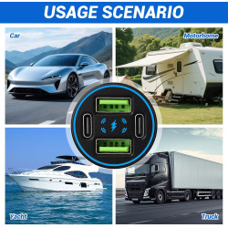 1 Pièces Chargeur Multiport de Voiture 132W 12V/24V 4 Ports USB | 30W x 2 USB-C et 36W x 2 USB-B Prise de Charge pour Téléphone 