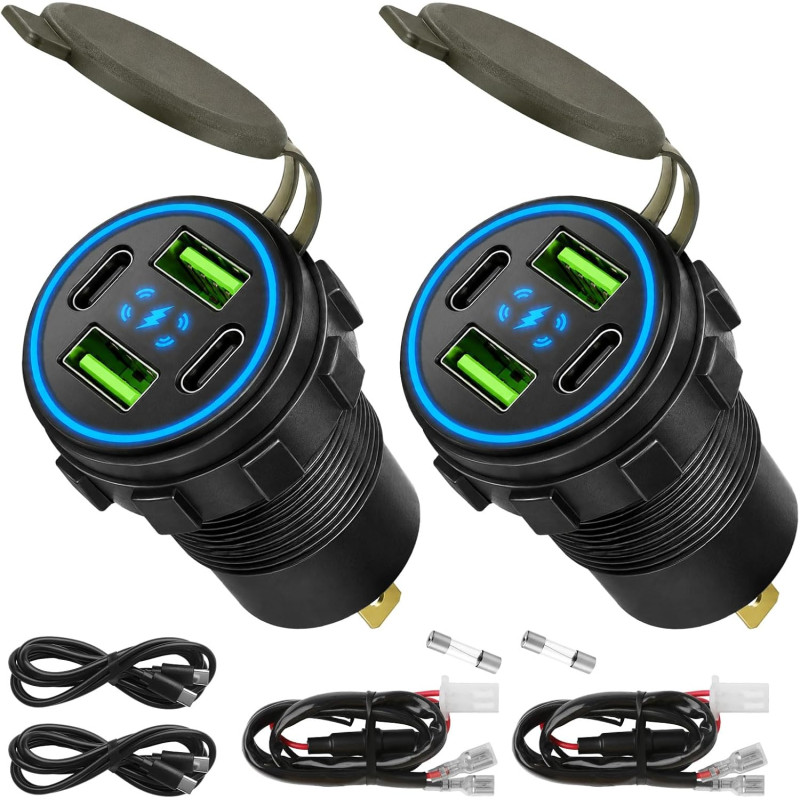 2 Pièces Chargeur Multiport de Voiture 132W 12V/24V 4 Ports USB | 30W x 2 USB-C et 36W x 2 USB-B Prise de Charge pour Téléphone 