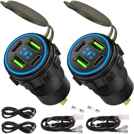 2 Pièces Chargeur Multiport de Voiture 132W 12V/24V 4 Ports USB | 30W x 2 USB-C et 36W x 2 USB-B Prise de Charge pour Téléphone 