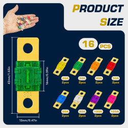 16 pièces fusible MIDI, kit porte-fusible MEGA avec fusibles à vis 32V 20/30/40/50/60/80/100/125A – fusibles haute intensité cod