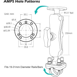 Support AMPS de 1,5" avec double boulon en U pour tubes/rails de 19 à 31 mm, support de taille C en aluminium marine pour chario