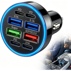 Chargeur Allume Cigare Voiture 50W, 8 Ports Adaptateur USB Auto 4 USB-A & 4 USB-C, Prise Multiples Charge Rapide, Accessoires Vo