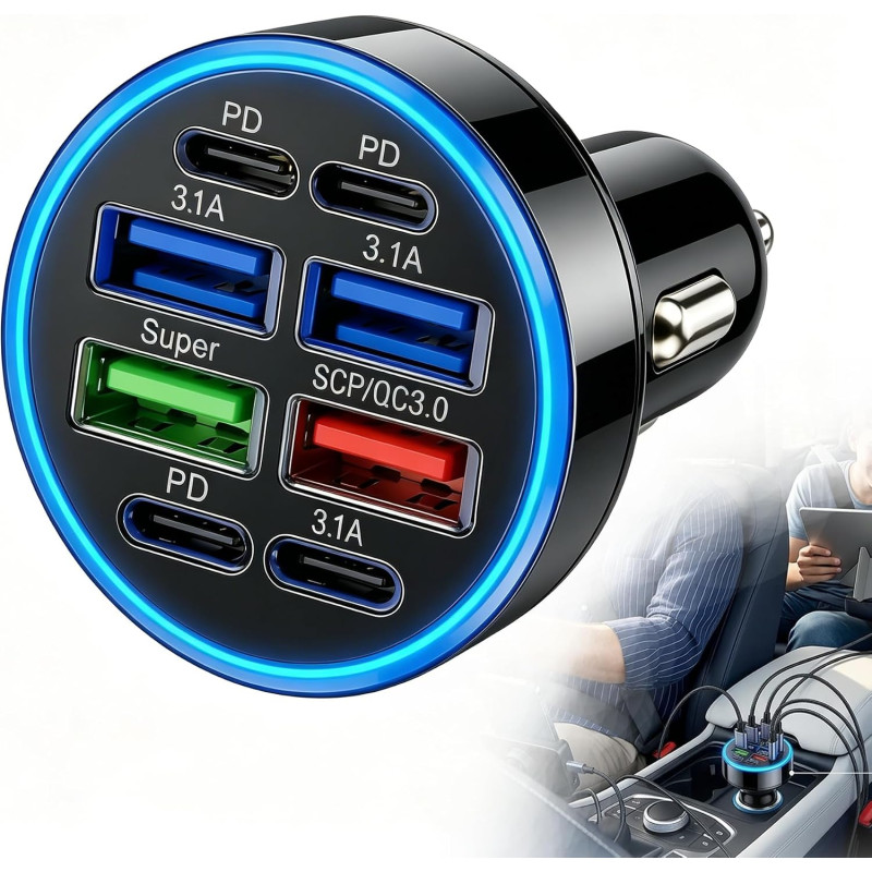 Chargeur Allume Cigare Voiture 50W, 8 Ports Adaptateur USB Auto 4 USB-A & 4 USB-C, Prise Multiples Charge Rapide, Accessoires Vo
