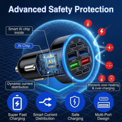 Chargeur Allume Cigare Voiture 50W, 8 Ports Adaptateur USB Auto 4 USB-A & 4 USB-C, Prise Multiples Charge Rapide, Accessoires Vo