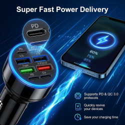 Chargeur Allume Cigare Voiture 50W, 8 Ports Adaptateur USB Auto 4 USB-A & 4 USB-C, Prise Multiples Charge Rapide, Accessoires Vo