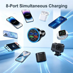 Chargeur Allume Cigare Voiture 50W, 8 Ports Adaptateur USB Auto 4 USB-A & 4 USB-C, Prise Multiples Charge Rapide, Accessoires Vo