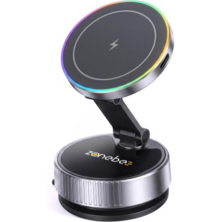 Support Voiture MagSafe sans Fil 15W, Ventouse sous Vide Ultra-Forte, Rotation 360° et Design Pliable. Charge Rapide Stable, Com
