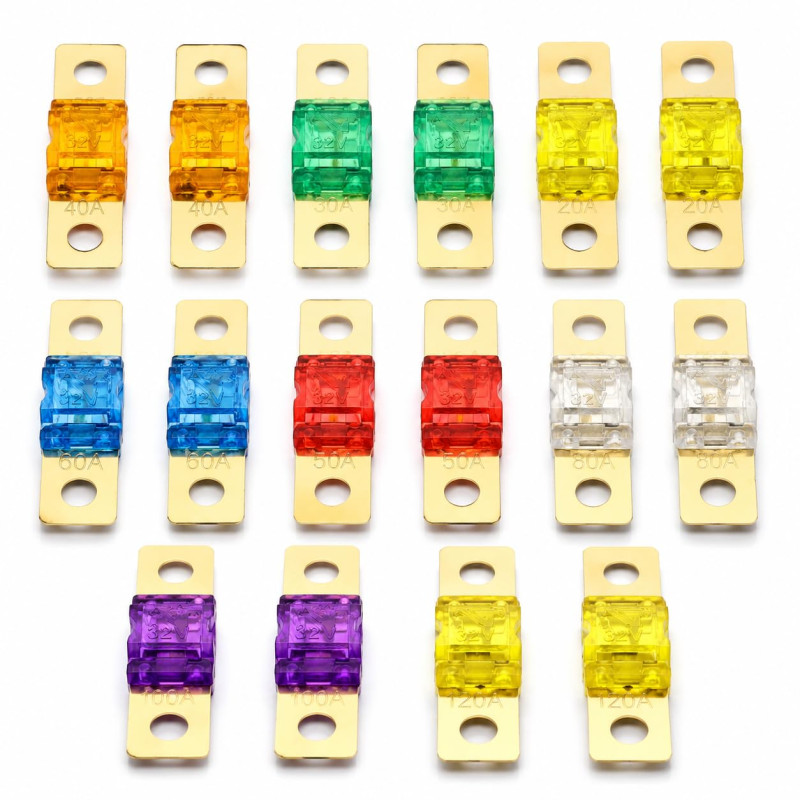 16 Pièces Fusible Voiture, Fusibles Midi Voiture 20A 30A 40A 50A 60A 80A 100A 120A 32V ANS Bolt-on, Mini Fusibles Voiture, Fusib