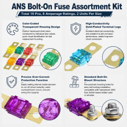 16 Pièces Fusible Voiture, Fusibles Midi Voiture 20A 30A 40A 50A 60A 80A 100A 120A 32V ANS Bolt-on, Mini Fusibles Voiture, Fusib