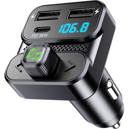 Gizmovine transmetteur fm bleutooth voiture 5.3, usb-c pd 36w | 3 ports usb, kit mains libres avec bouton mfb, compatible 12v/24