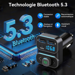 Gizmovine transmetteur fm bleutooth voiture 5.3, usb-c pd 36w | 3 ports usb, kit mains libres avec bouton mfb, compatible 12v/24