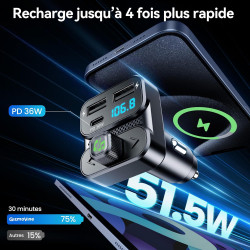Gizmovine transmetteur fm bleutooth voiture 5.3, usb-c pd 36w | 3 ports usb, kit mains libres avec bouton mfb, compatible 12v/24