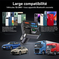 Gizmovine transmetteur fm bleutooth voiture 5.3, usb-c pd 36w | 3 ports usb, kit mains libres avec bouton mfb, compatible 12v/24