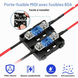 2 Porte-Fusibles Midi pour Voiture avec 2 Fusibles 60A, 2 Bornes, ANS Porte-Fusible Auto avec Vis M5 et Couvercle de Protection,