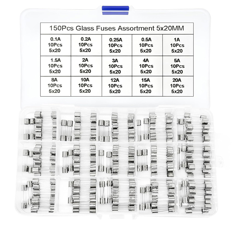 150 Pièces 15 Valeurs Assortiment de Fusibles en Verre avec Raccord Rapide, 5x20mm Fusibles à Fusion 250V 0,1 0,2 0,25 0,5 1 1,5