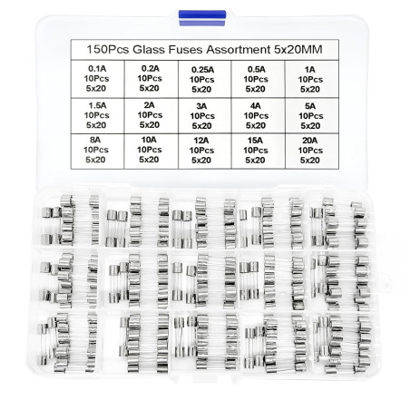 150 Pièces 15 Valeurs Assortiment de Fusibles en Verre avec Raccord Rapide, 5x20mm Fusibles à Fusion 250V 0,1 0,2 0,25 0,5 1 1,5