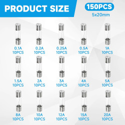 150 Pièces 15 Valeurs Assortiment de Fusibles en Verre avec Raccord Rapide, 5x20mm Fusibles à Fusion 250V 0,1 0,2 0,25 0,5 1 1,5