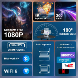 Mini videoprojecteur supporte 4k 1080p avec wifi 6 et bleutooth 5.4, mini projecteur portable avec correction trapézoïdale auto,