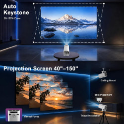 Mini videoprojecteur supporte 4k 1080p avec wifi 6 et bleutooth 5.4, mini projecteur portable avec correction trapézoïdale auto,
